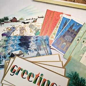 Vintage Christmas cards Mid Century set of 26 with envelopes box kitschy unused